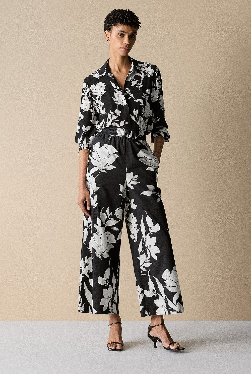 Cotton Contrast Floral Wide Leg Pant