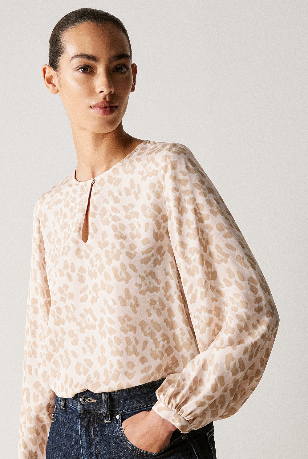 Modal Ocelot Print Blouson Sleeve Blouse