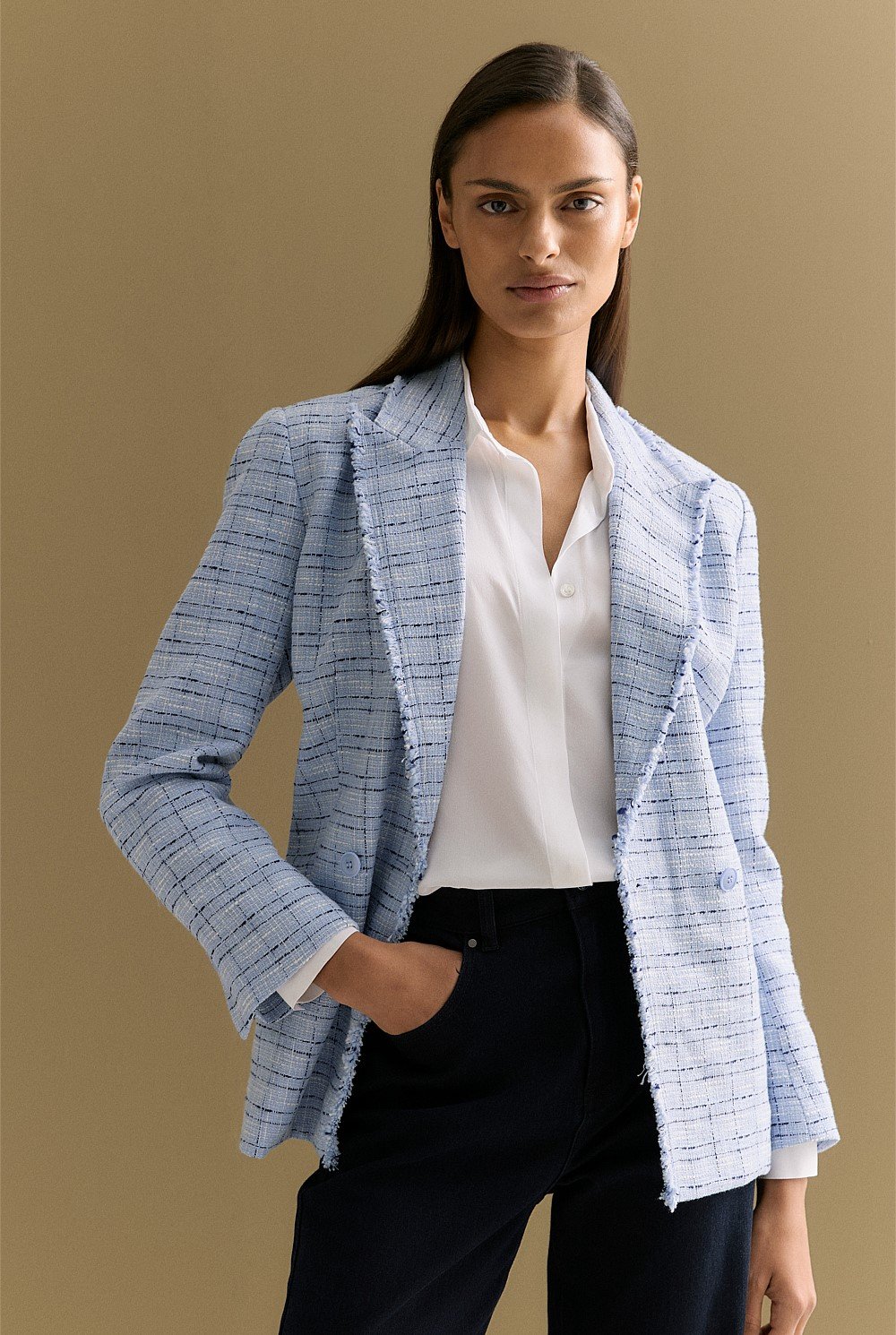 Cotton Blend Check Tweed Fray Double Breasted Blazer