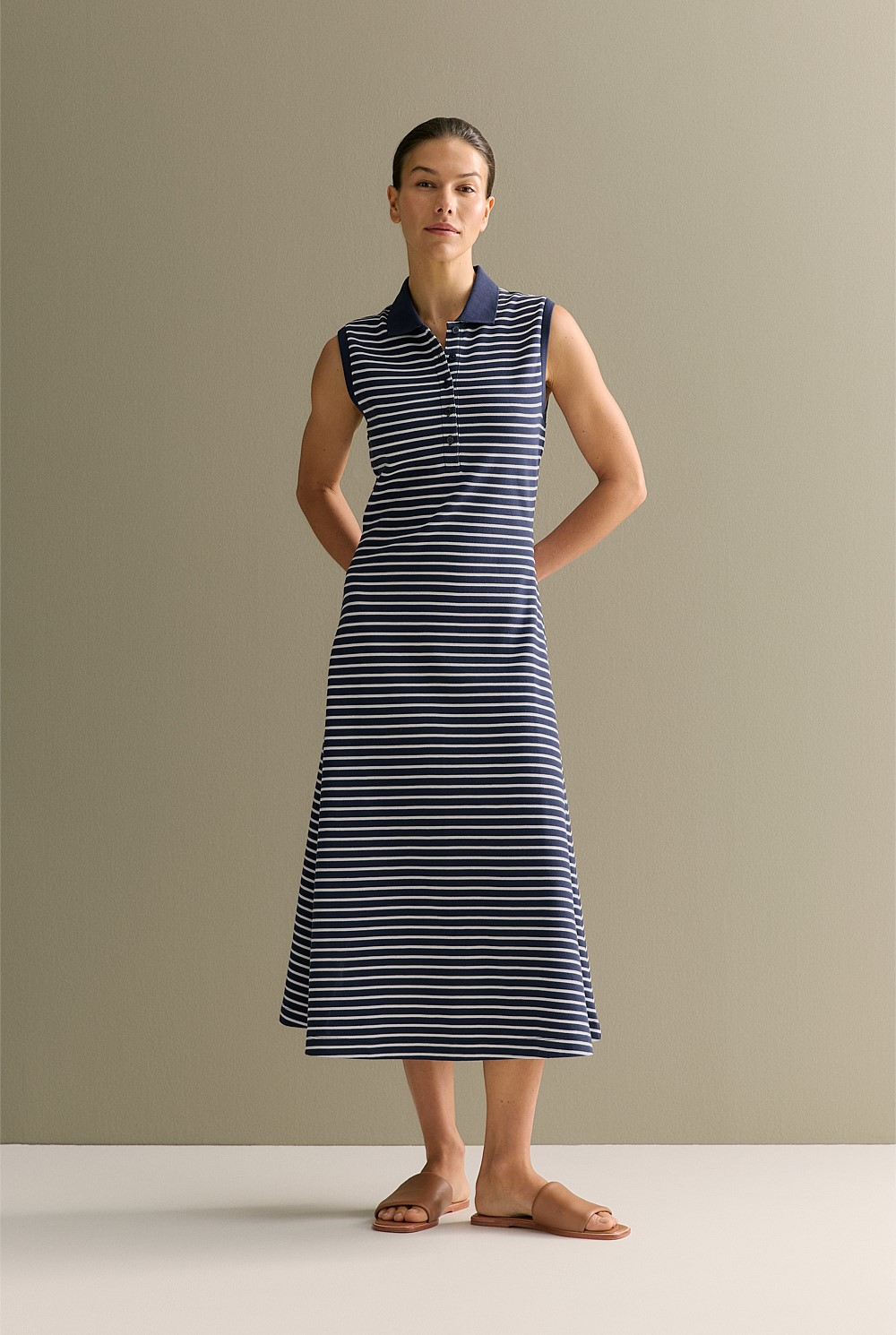 Cotton Pique Stripe Sleeveless Polo Dress