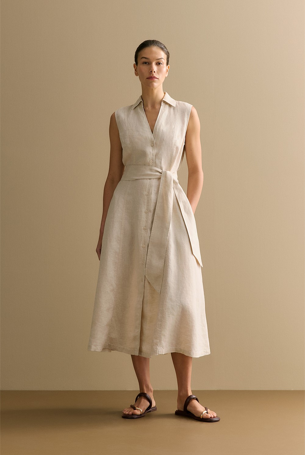 Yarn Dyed Linen Panel Detail Sleeveless Shirt Dress