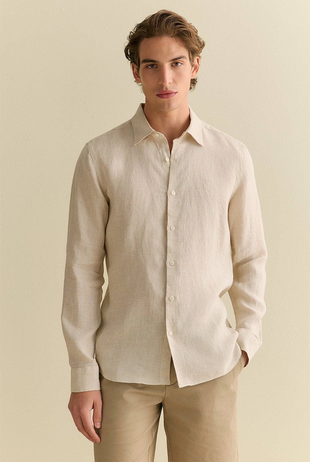 Tailored Fit Basketweave Linen Shirt