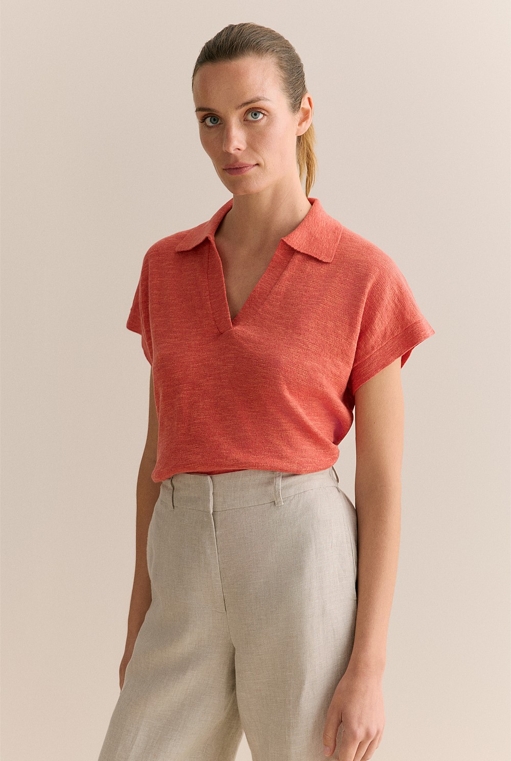 Linen Cotton Knit Relaxed Polo Top