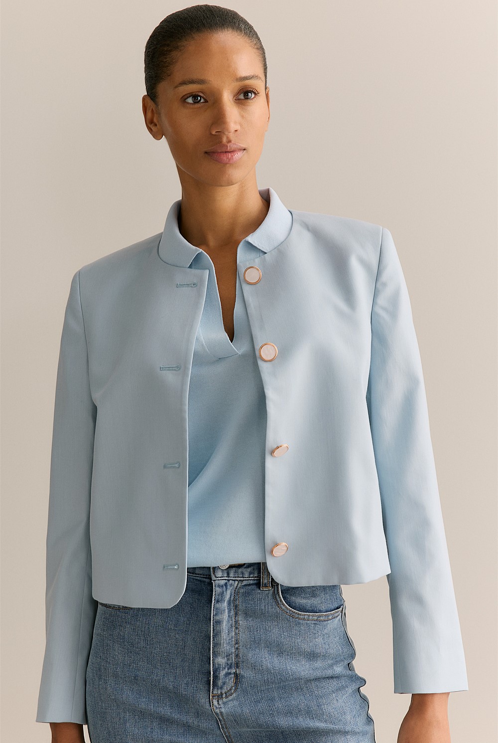 Wool Cotton Twill Cropped Jacket