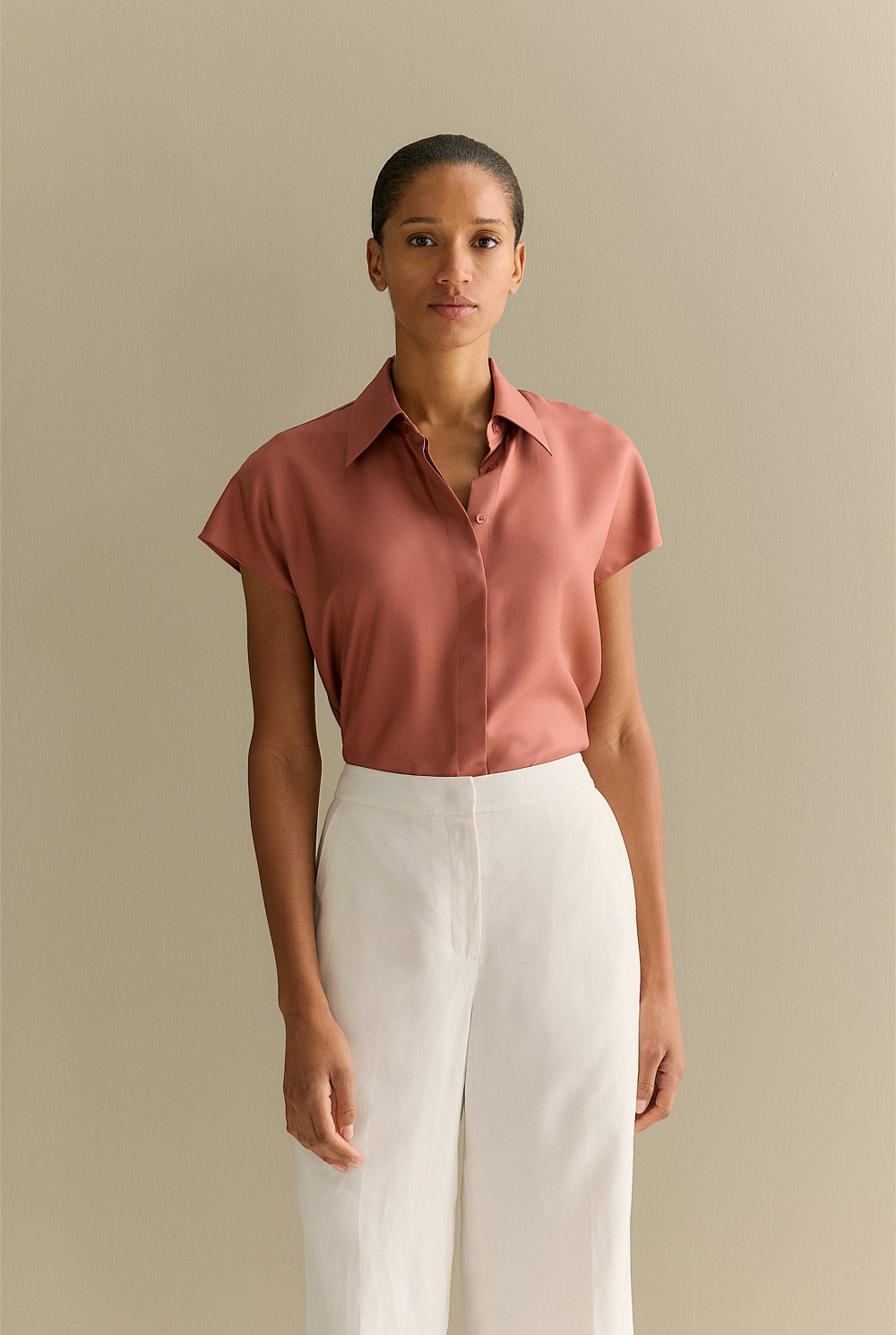 Silk Twill Cap Sleeve Shirt