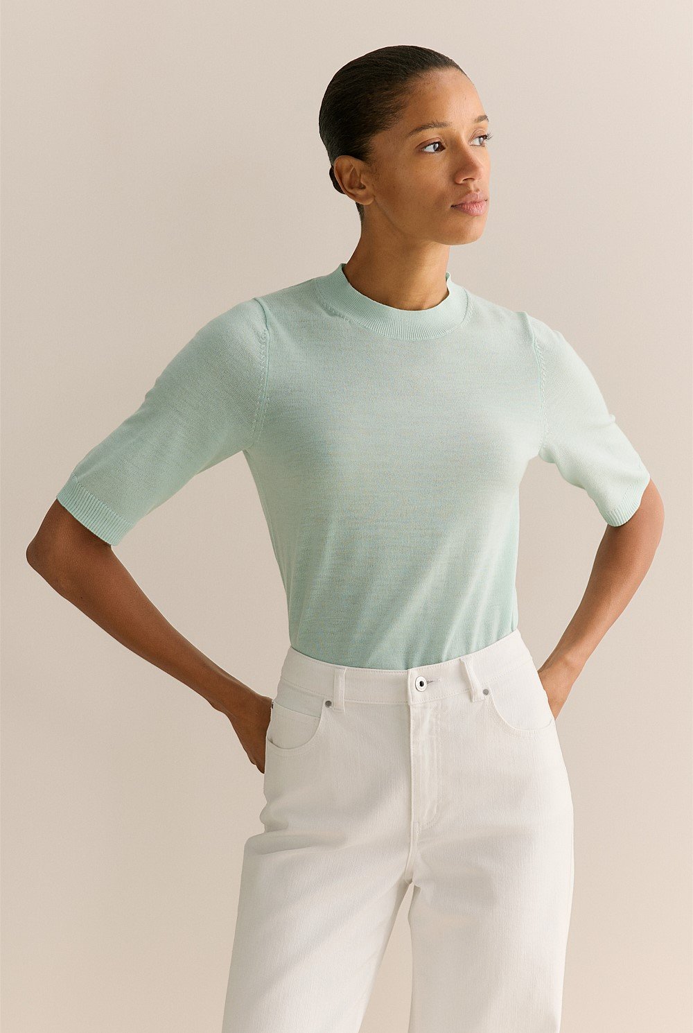 Merino Mock Neck Half Sleeve Knit