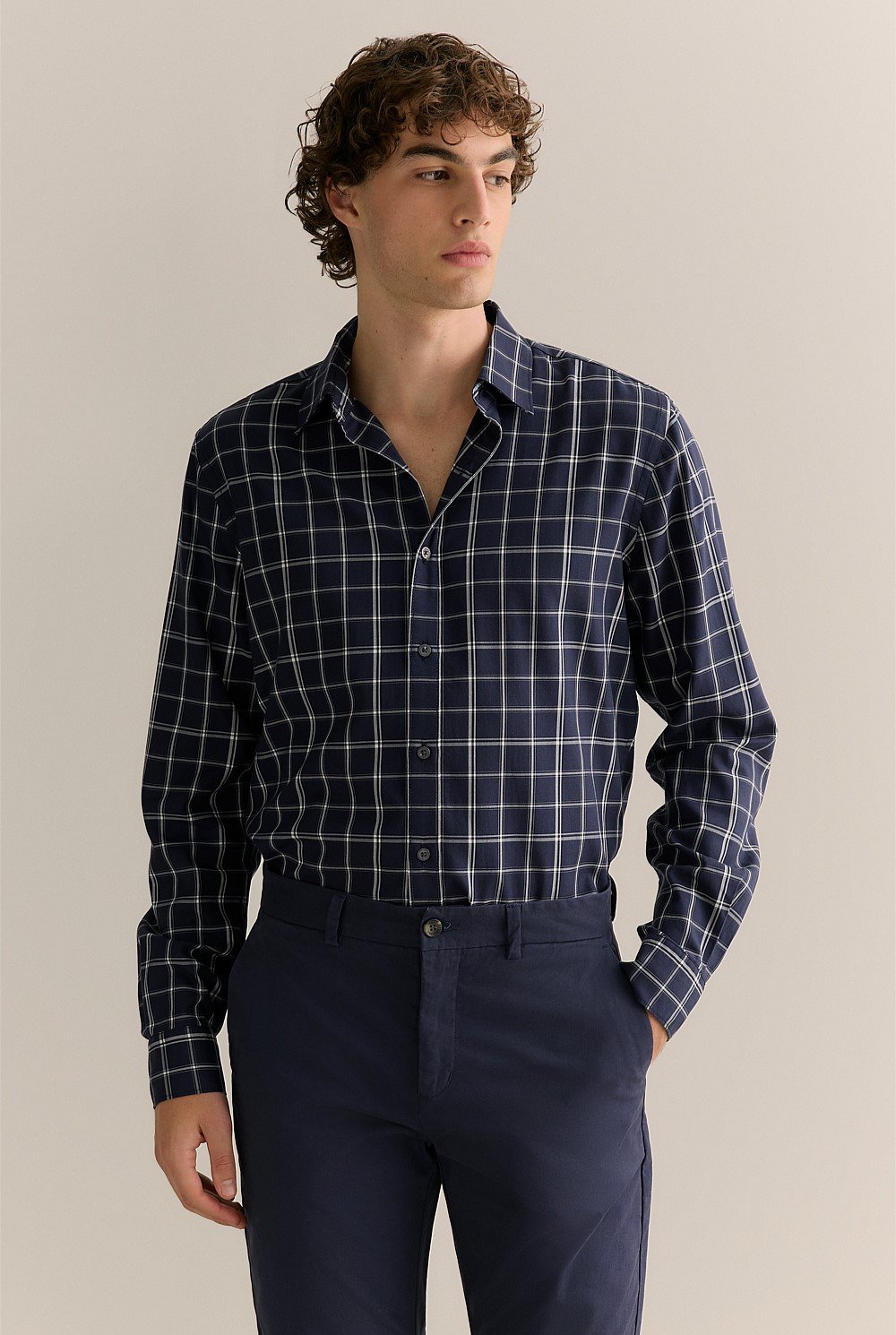 Regular Fit Lyocell Cotton Windowpane Check Shirt