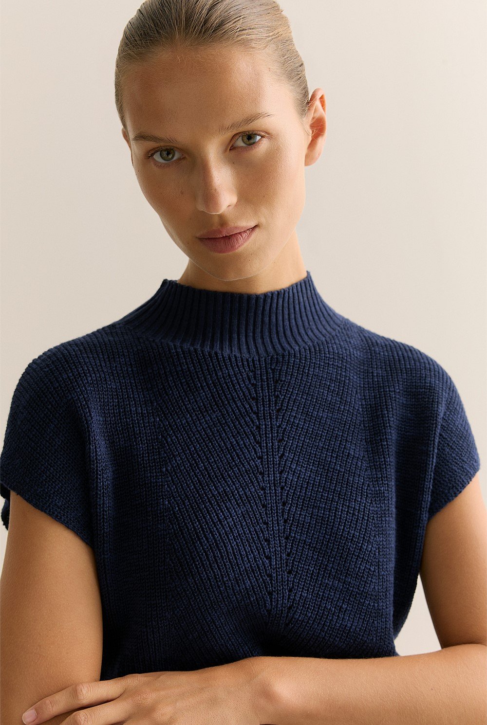 Linen Cotton Mock Neck Relaxed Knit Top