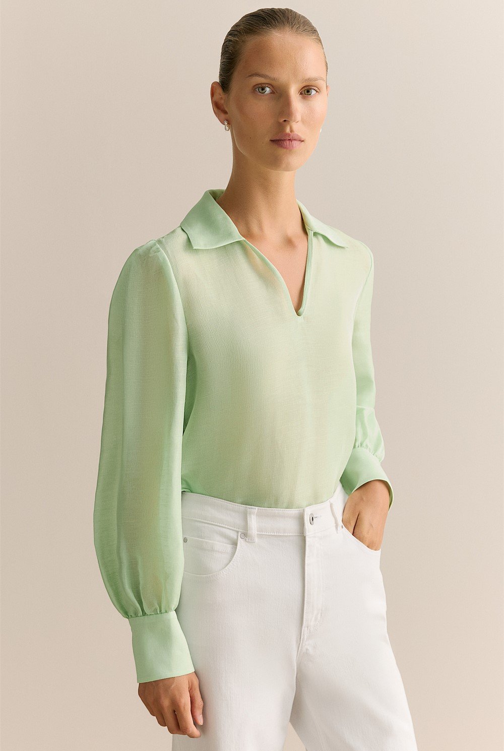 Linen Silk Crosshatch Collared Top