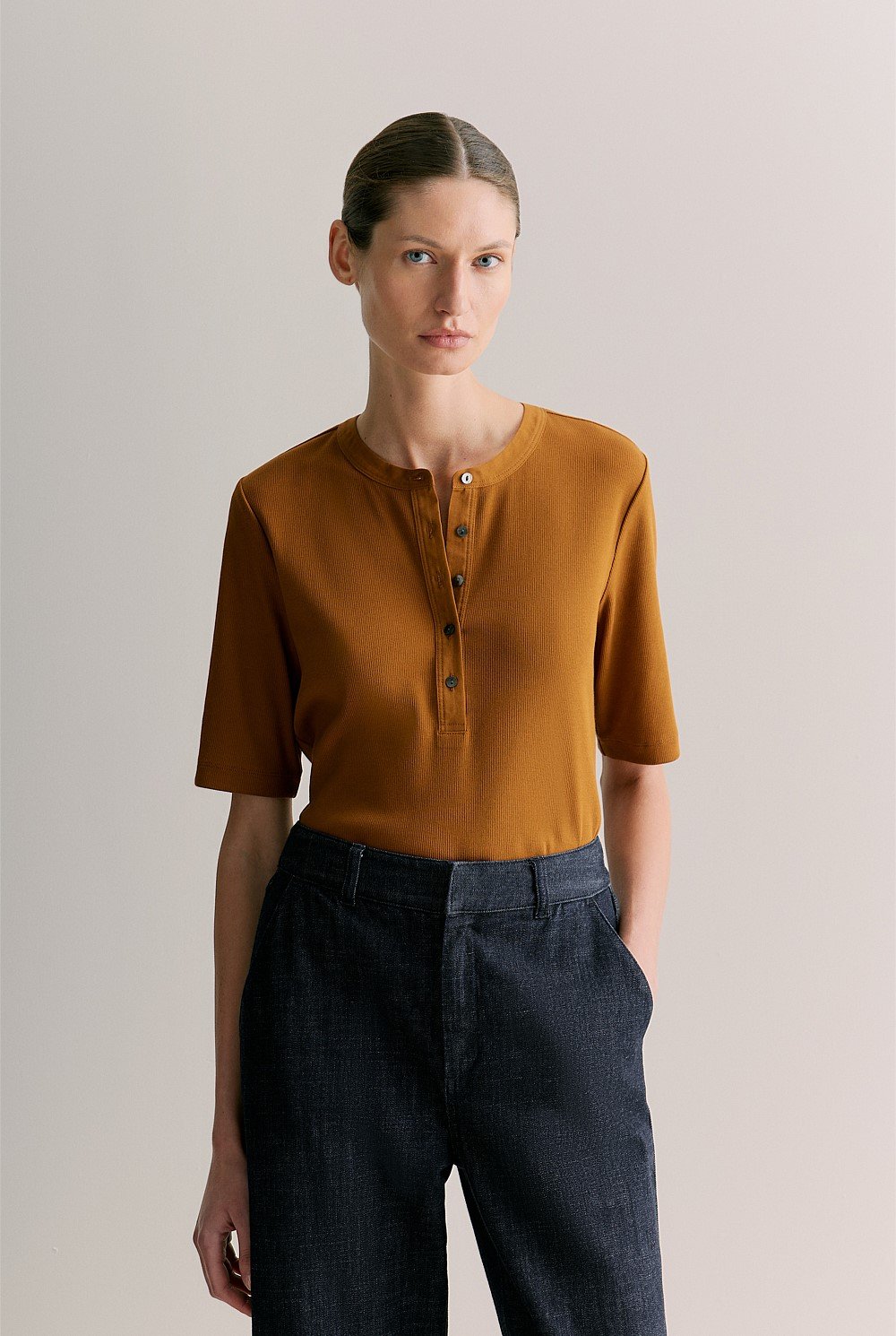 Cotton Rib Half Sleeve Henley