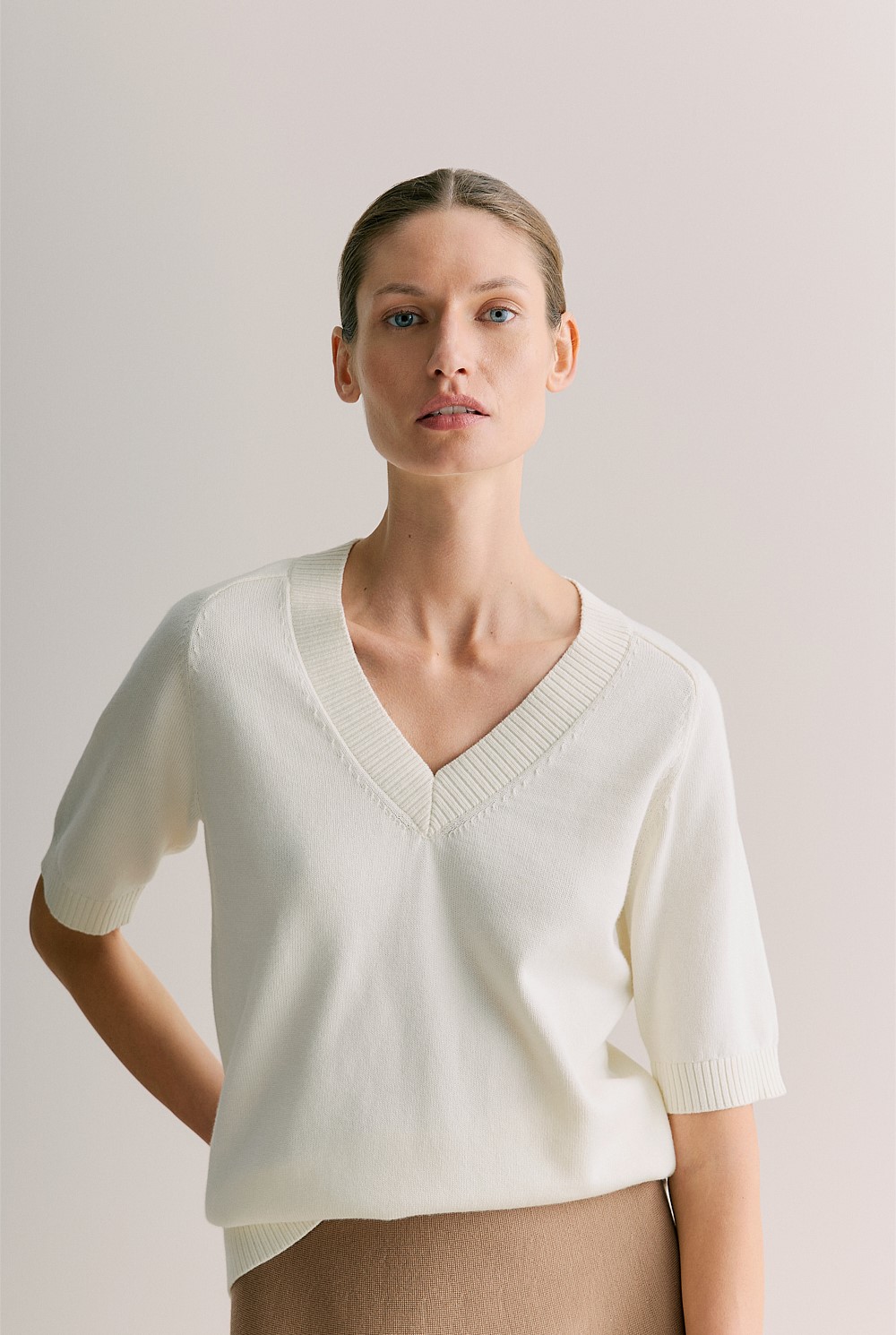 Cotton Cashmere V Neck Knit Top