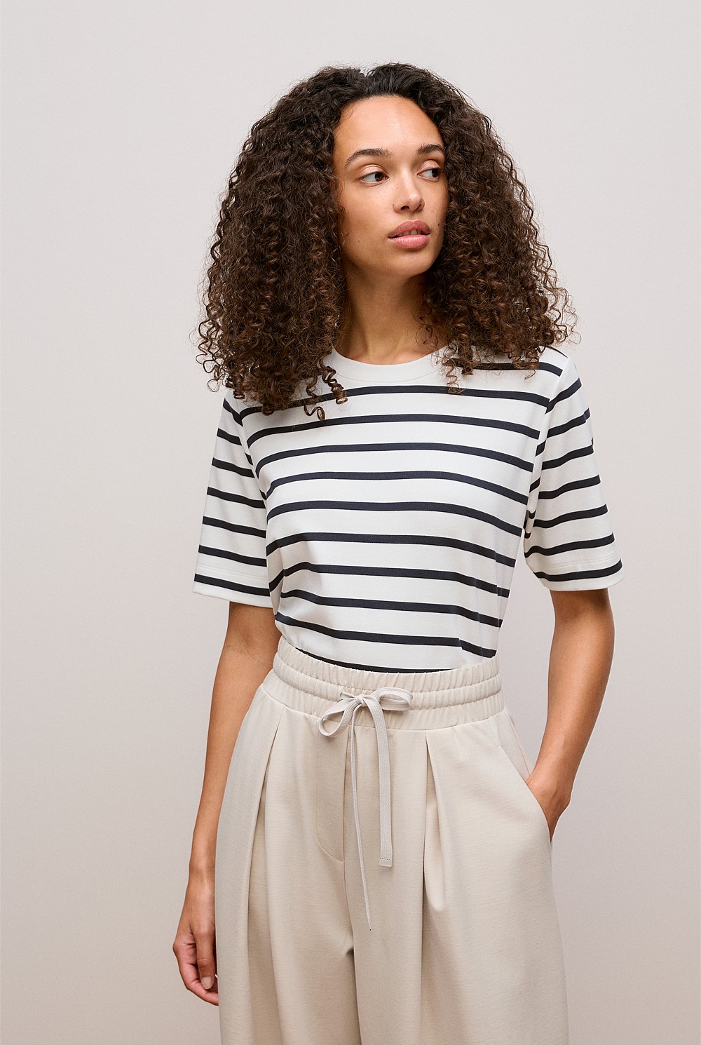 Modal Cotton Stripe Boxy Crew T-shirt