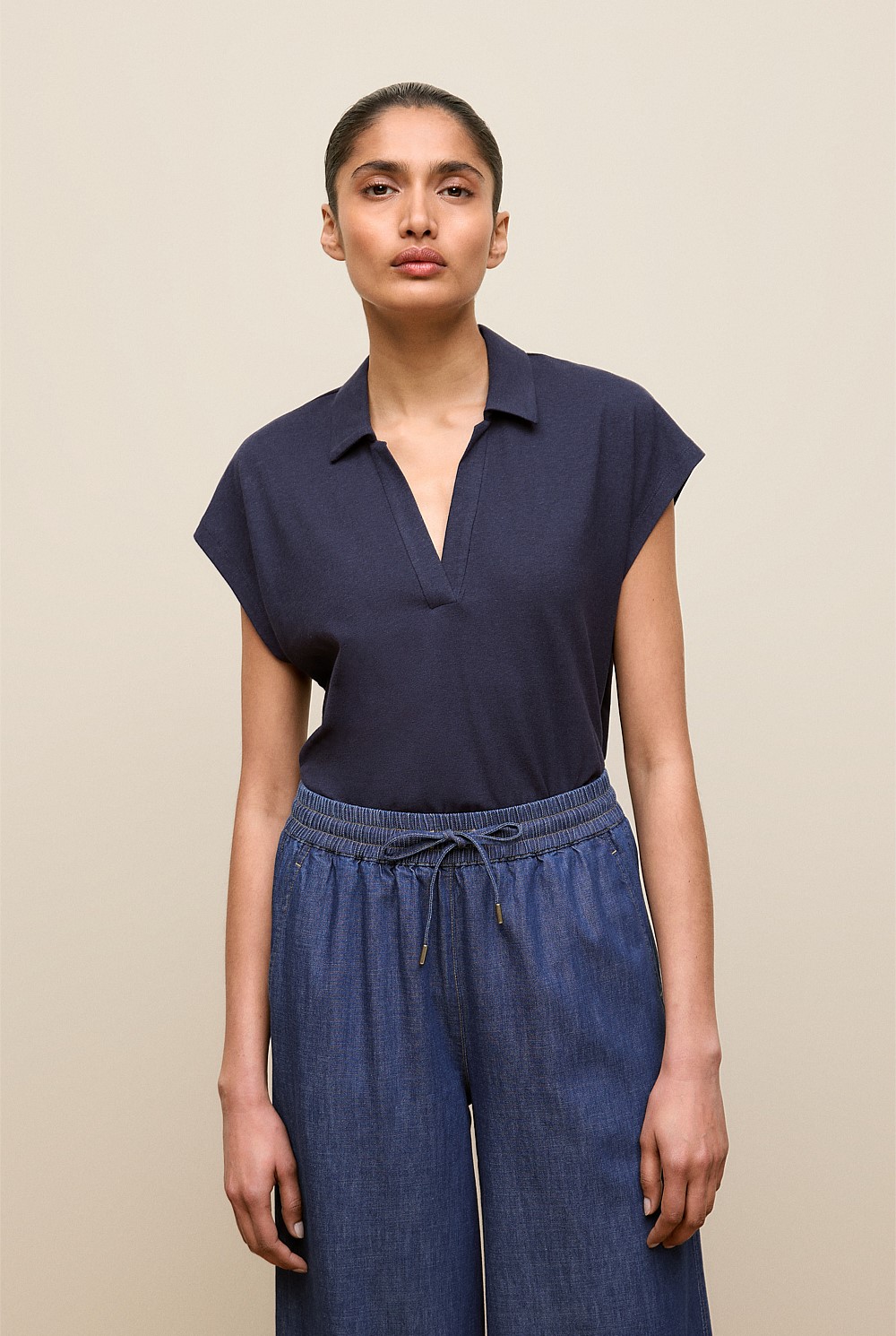 Linen Cotton Relaxed Cap Sleeve Polo