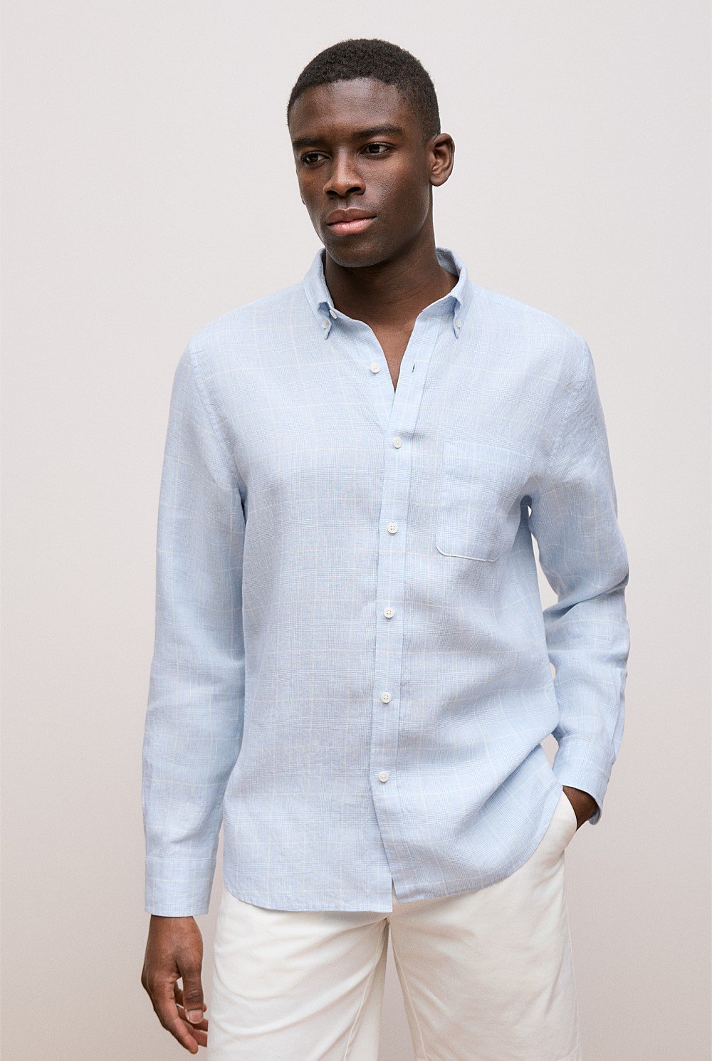 Regular Fit Glen Check Linen Long Sleeve Shirt