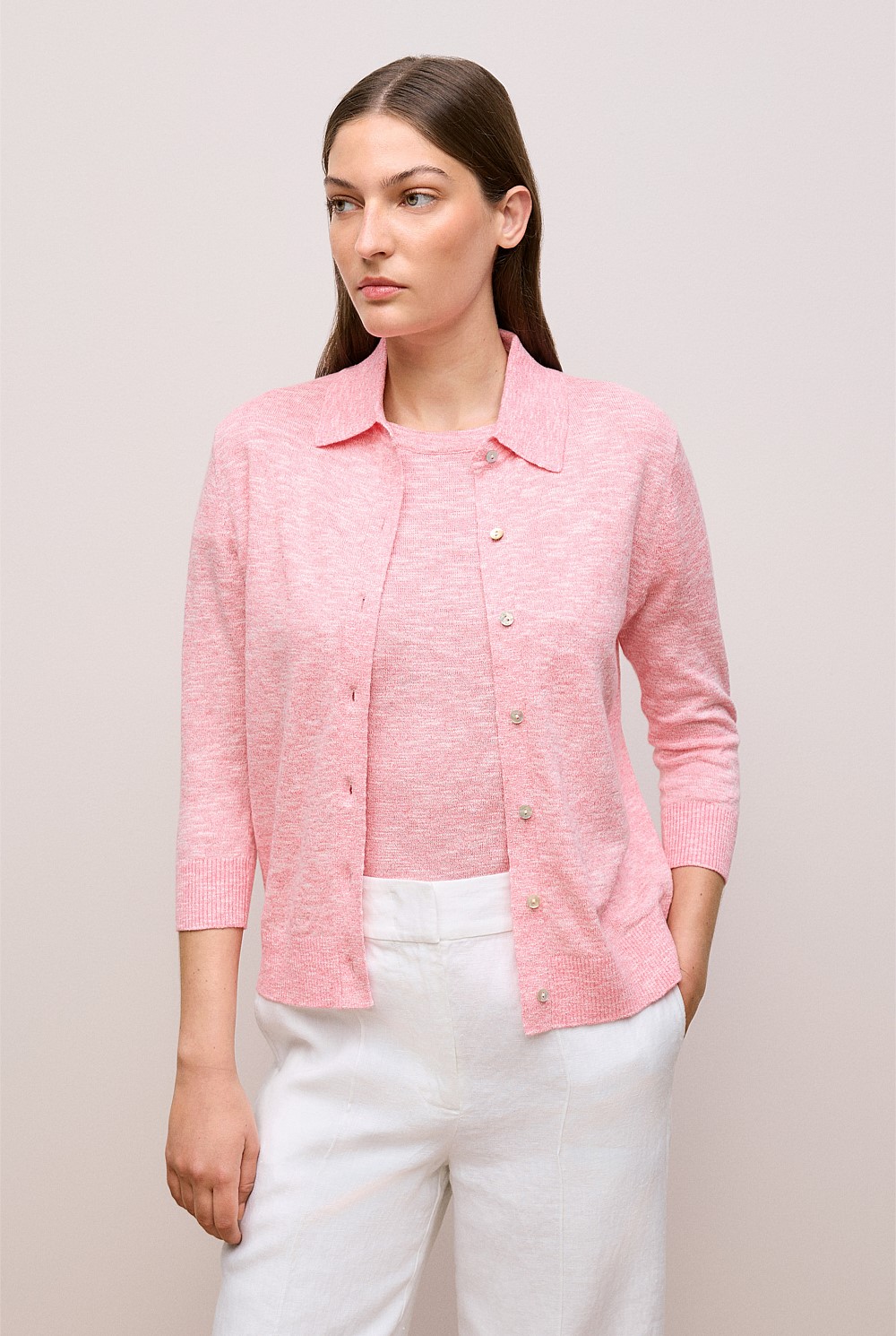 Linen Cotton Mouline Collared Cardigan