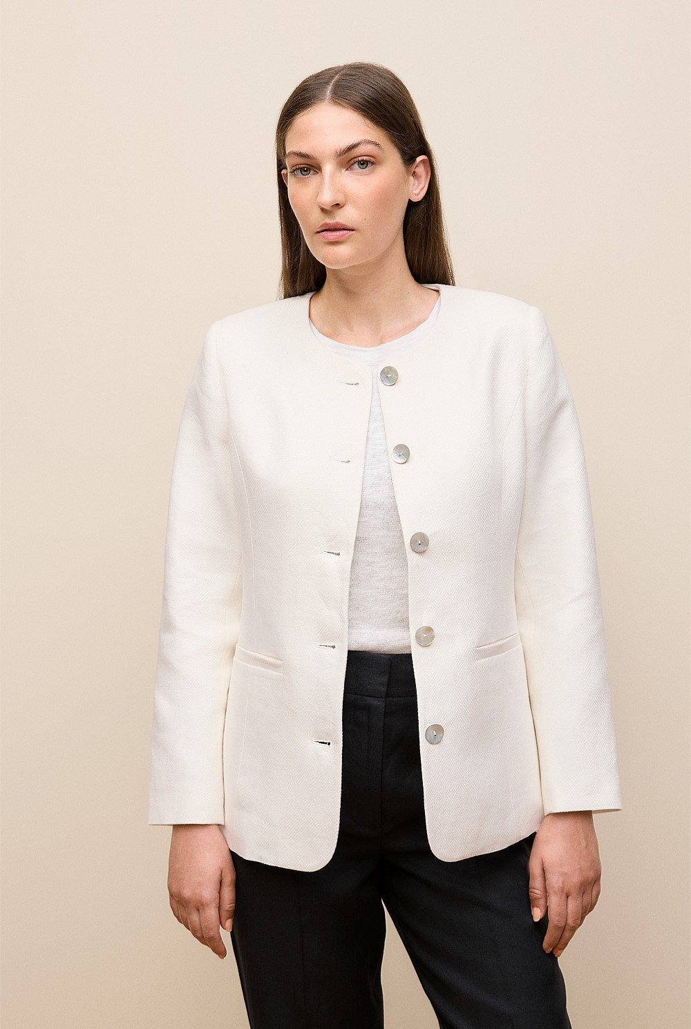 Basketweave Linen Collarless Jacket