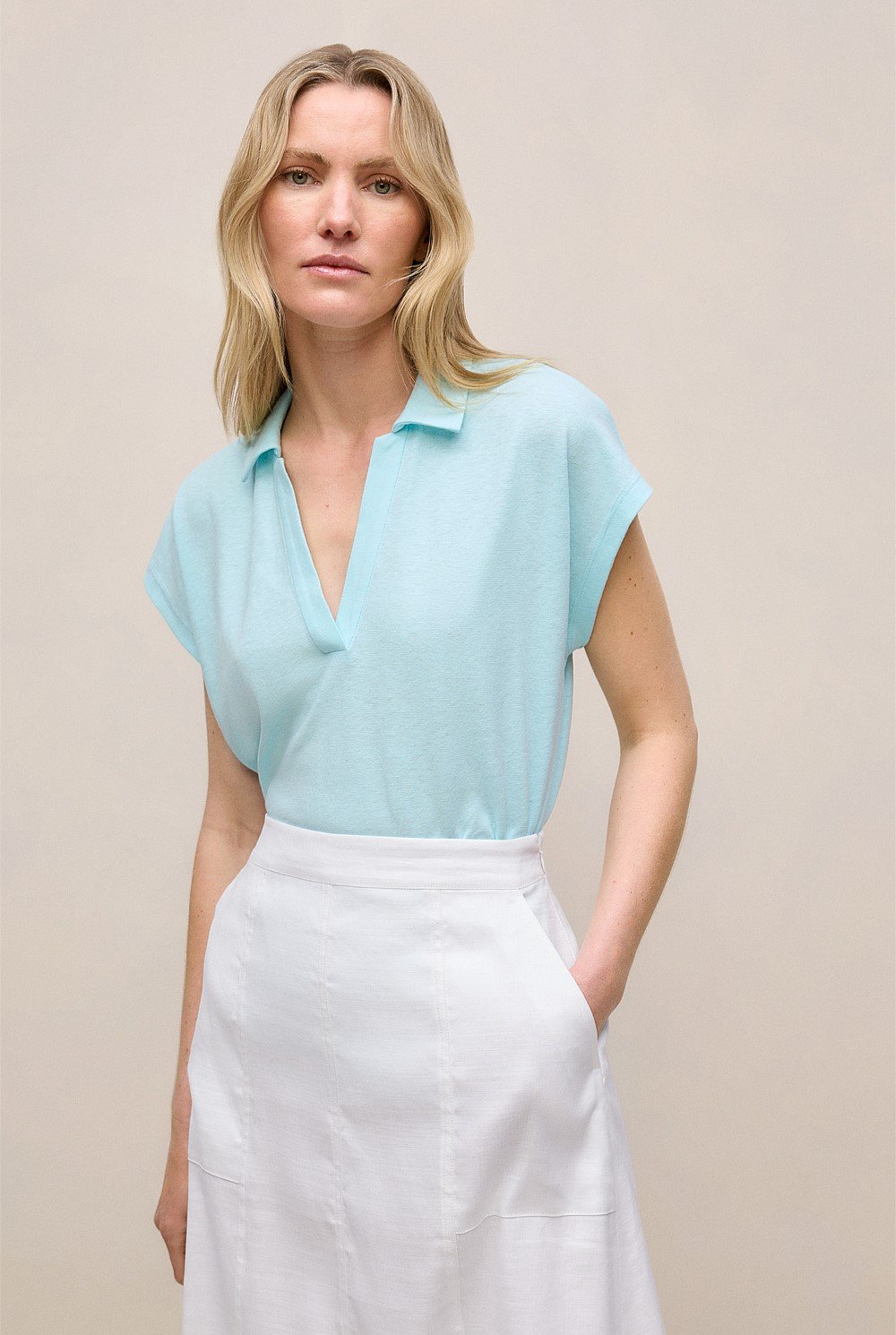 Linen Cotton Relaxed Cap Sleeve Polo