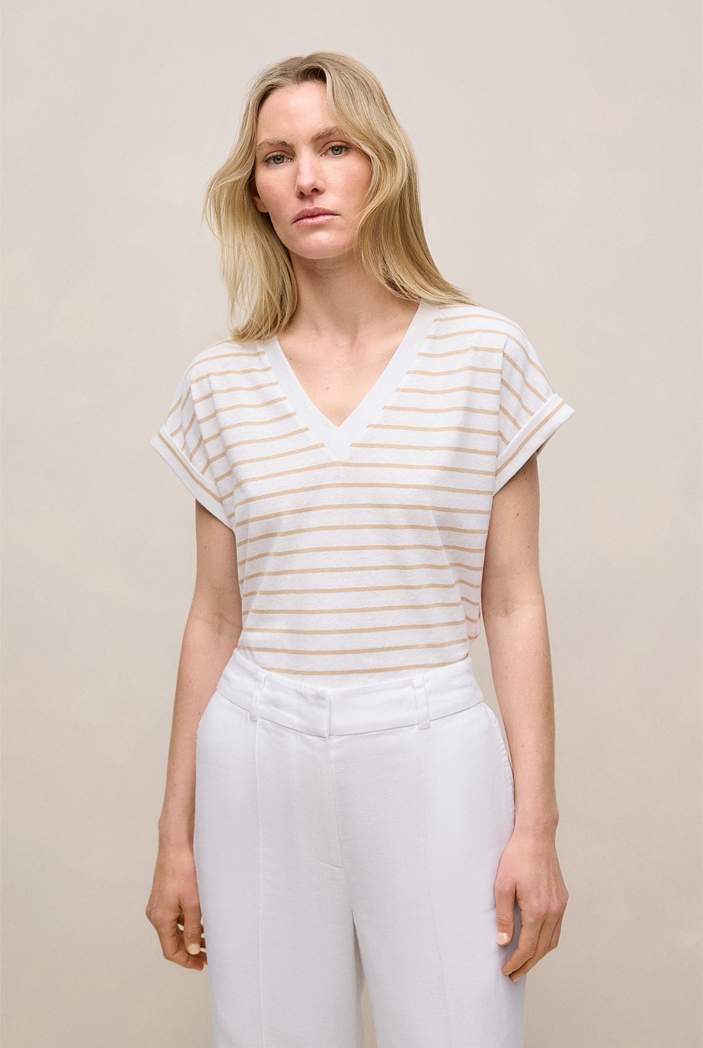 Linen Cotton Stripe V Neck T-shirt