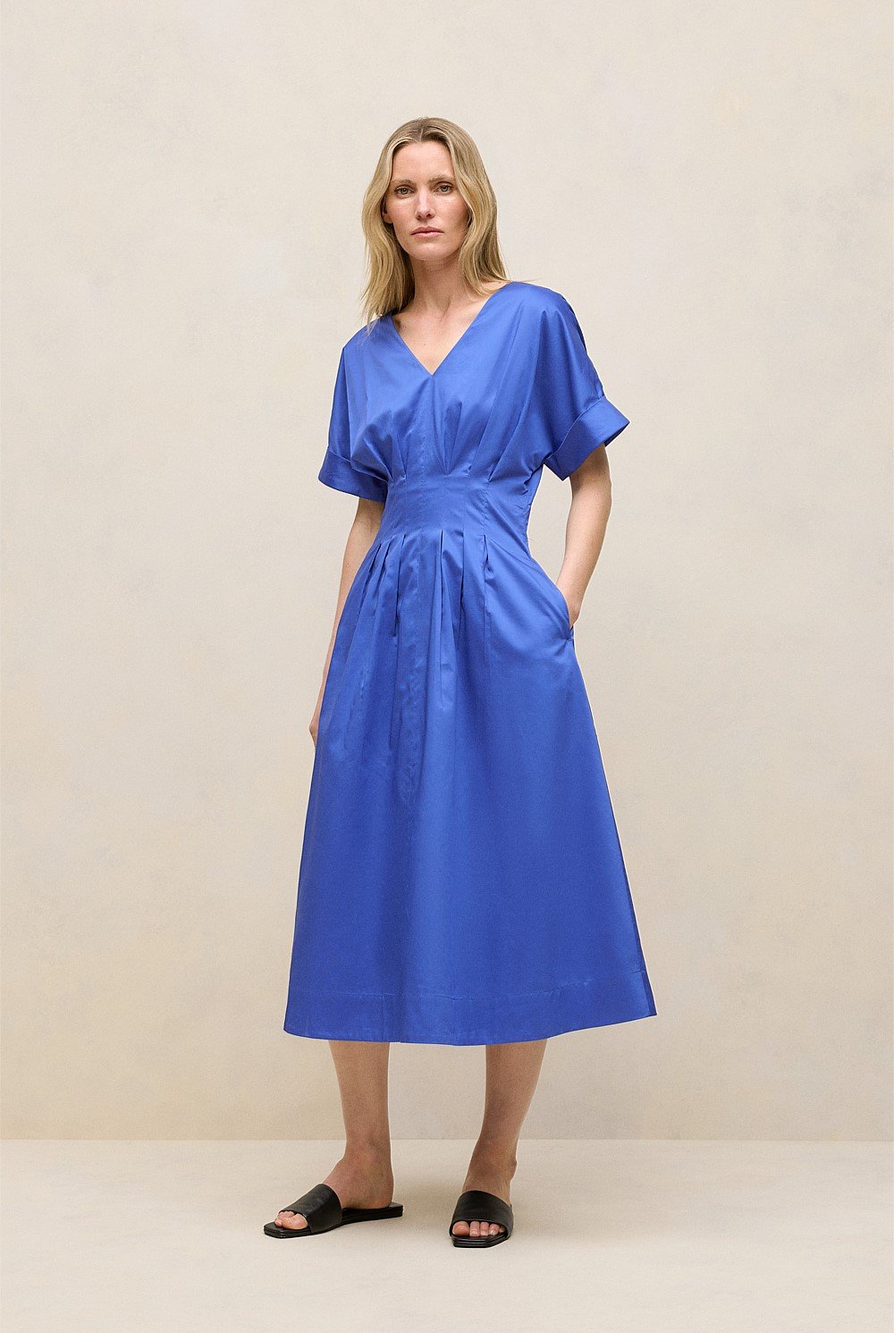 Cotton Sateen Pleat Waist Dress