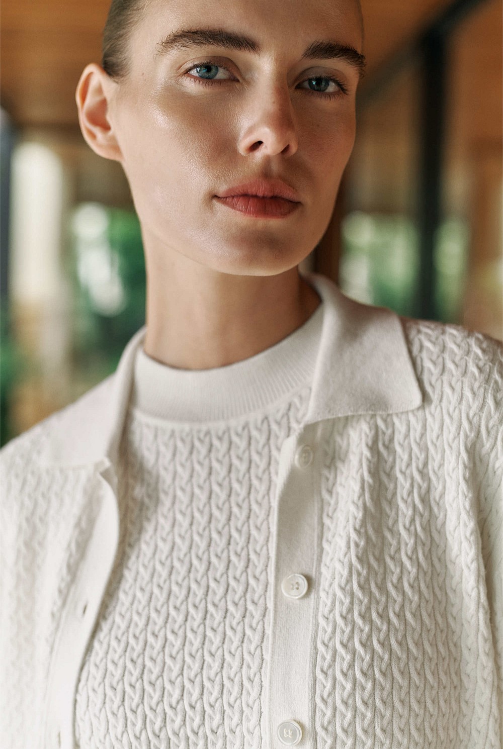 Cotton Cashmere Cable Mock Neck Knit