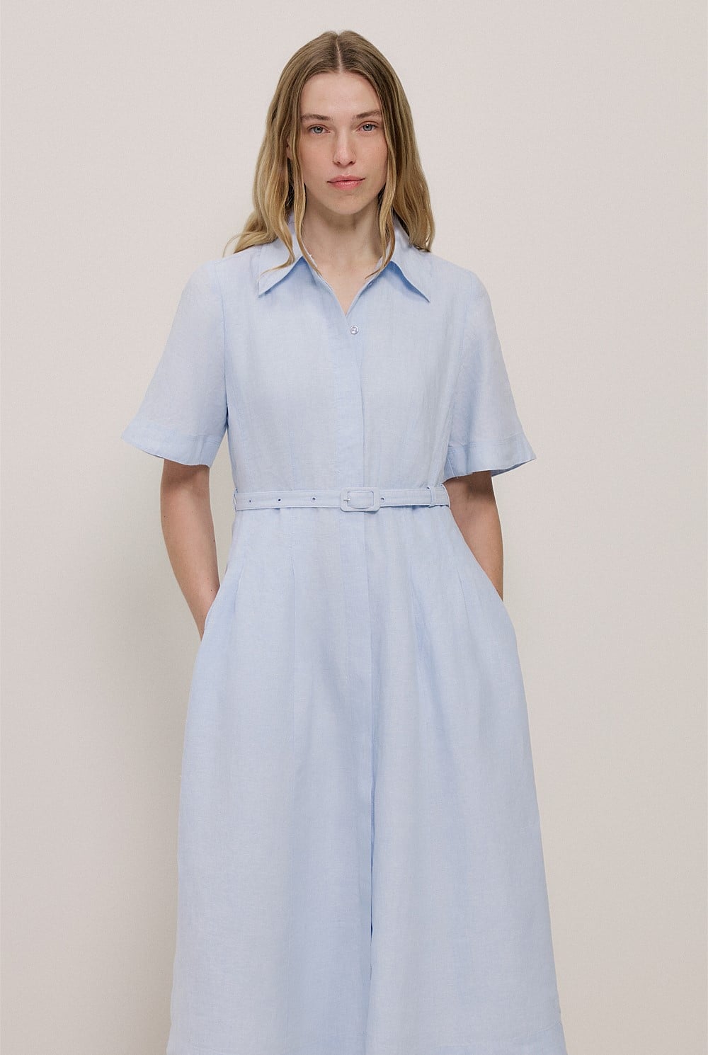 Linen Belted Short Sleeve Shirt Dress