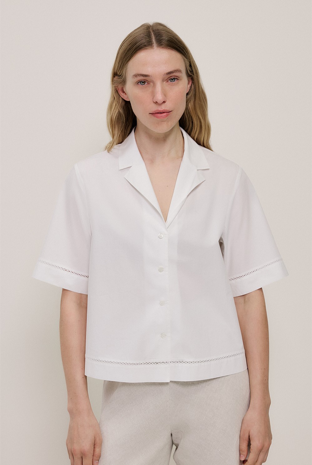 Poplin Lattice Trim Short Sleeve Shirt