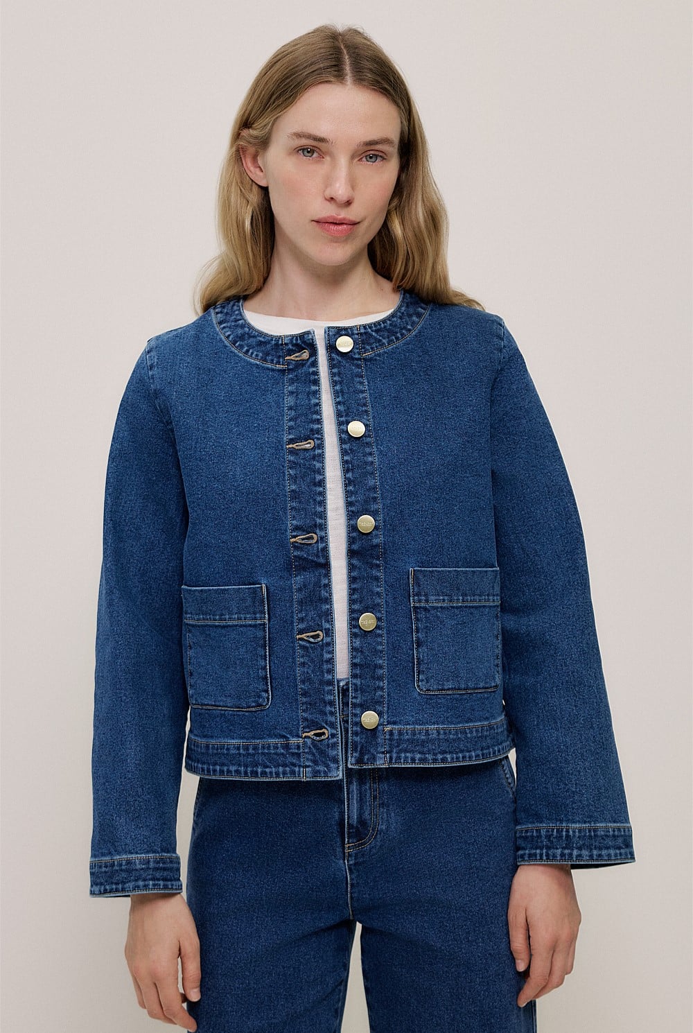 Collarless Cropped Denim Jacket