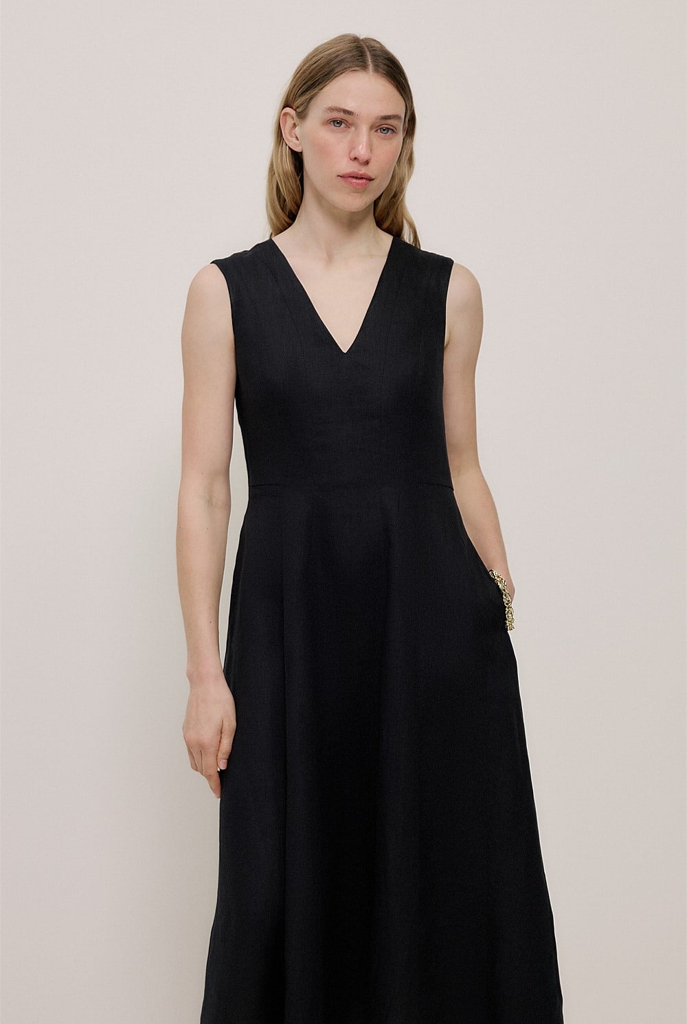 Linen Panel Detail Sleeveless Dress