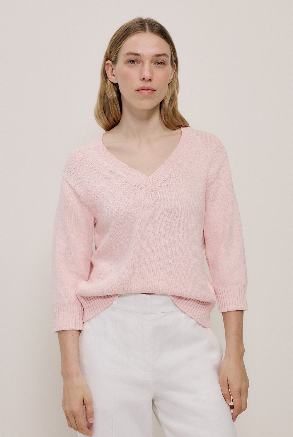 Cotton Linen Textured V Neck Knit