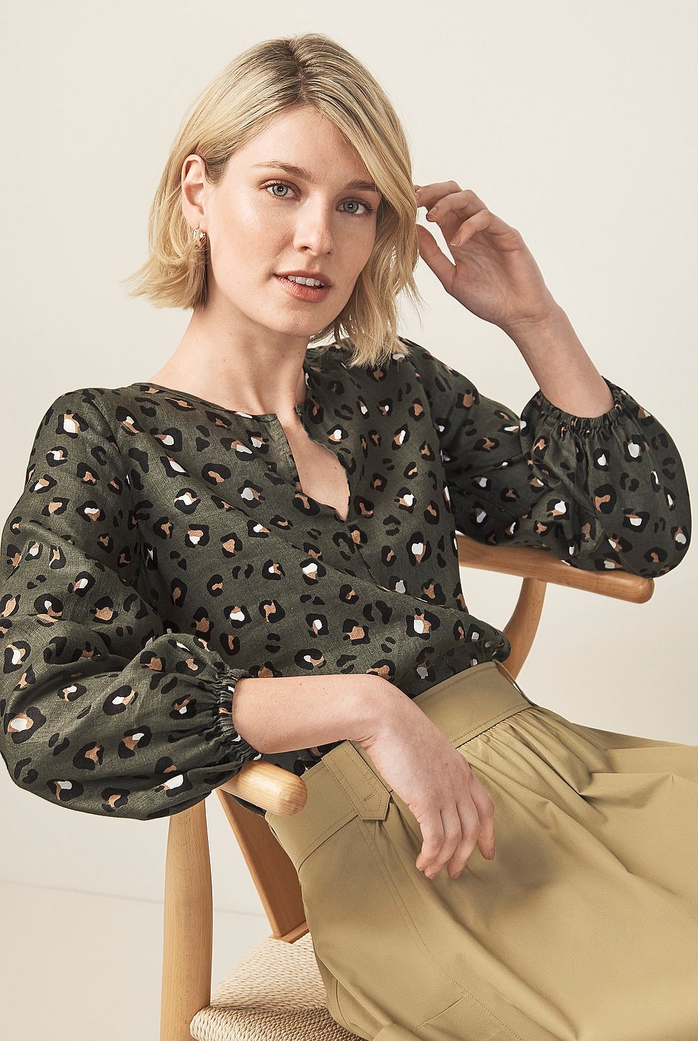 Linen Leopard Gathered Sleeve Top