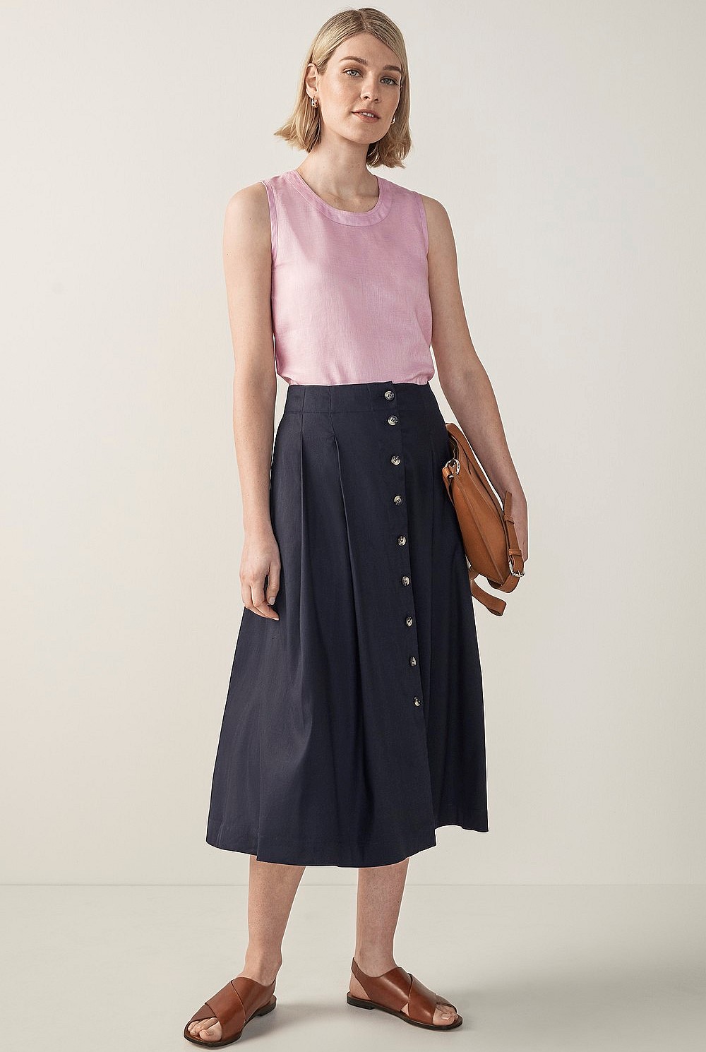 Stretch Linen Pleat Front Skirt