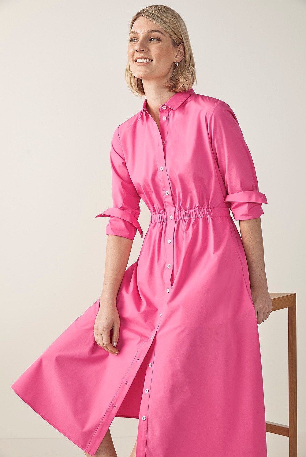 Cotton Poplin Gathered Shirt Dress