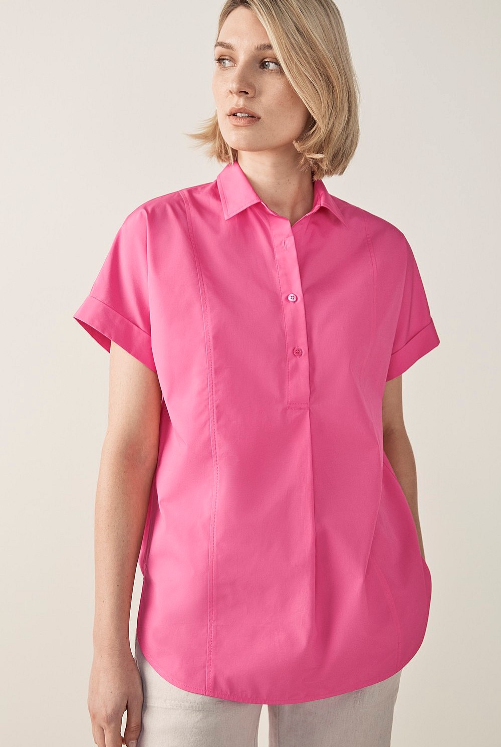 Cotton Poplin Short Sleeve Tunic Shirt