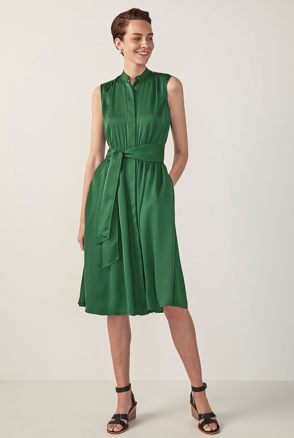 Sleeveless Gathered Shirt Dress