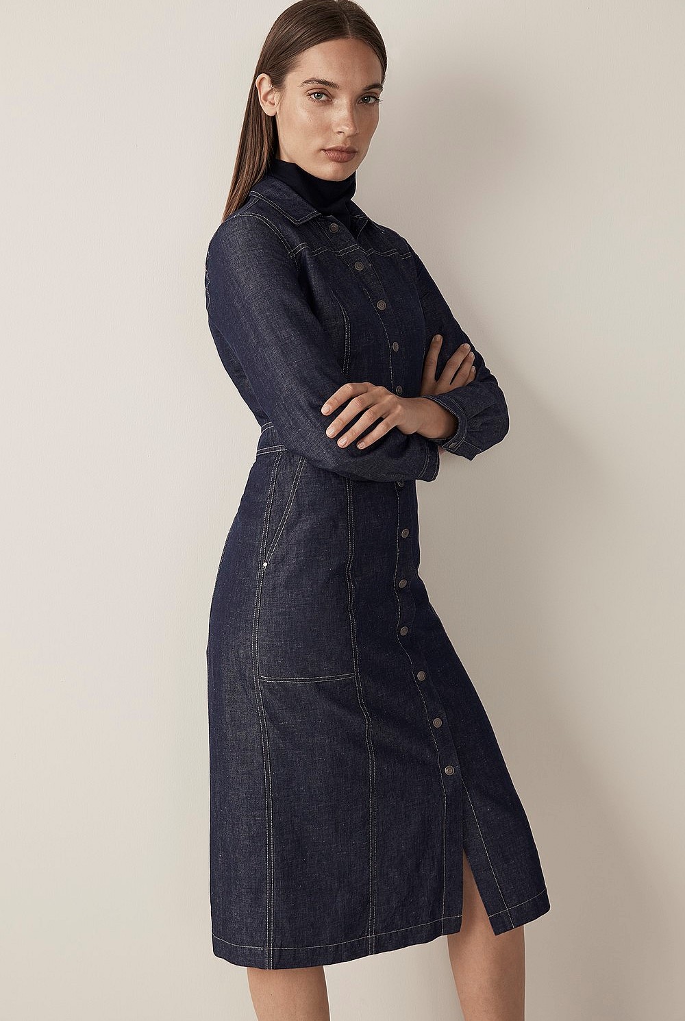 Yarn Dyed Button Front Shirt Dress