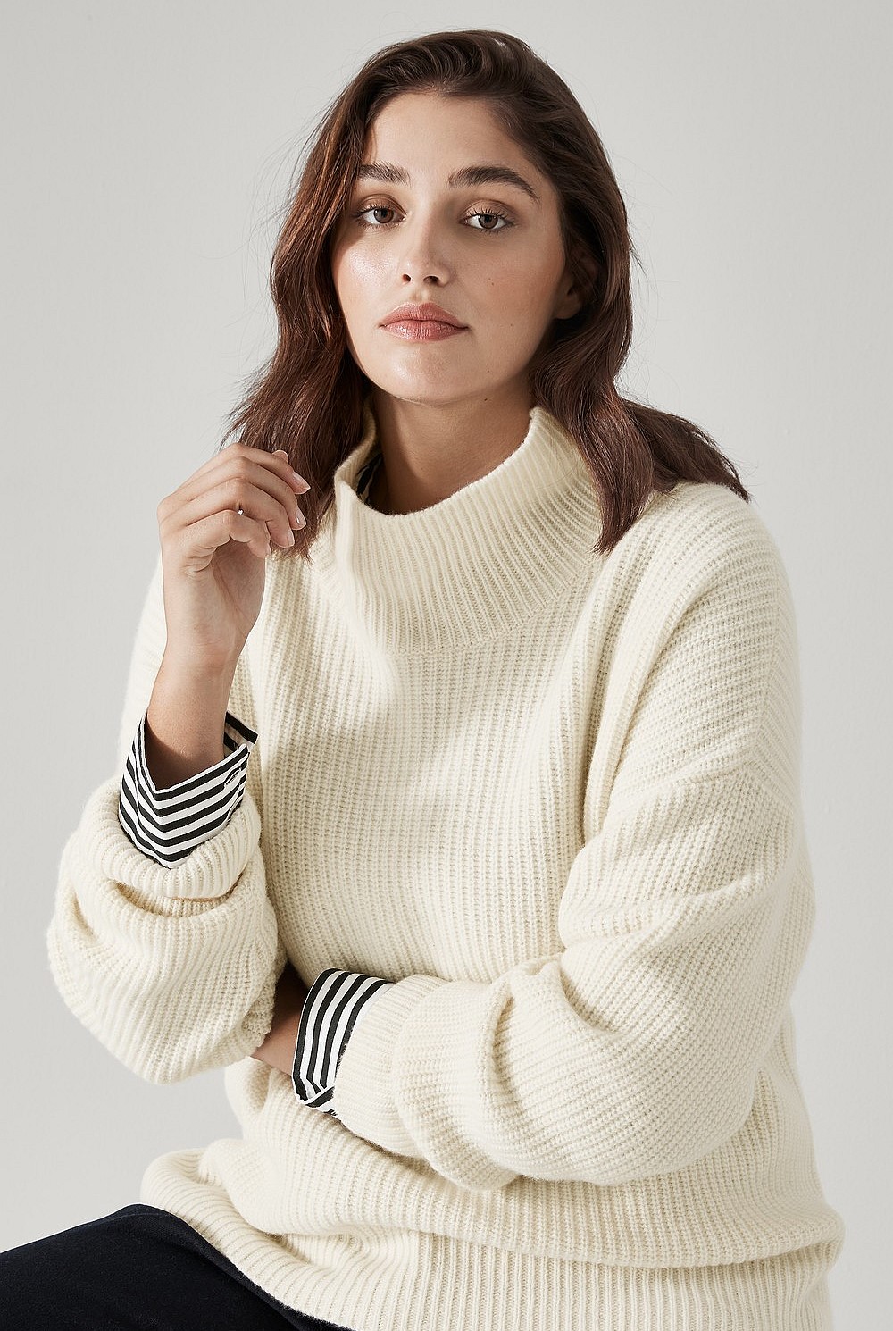 Merino Cashmere Rib Mock Neck Knit