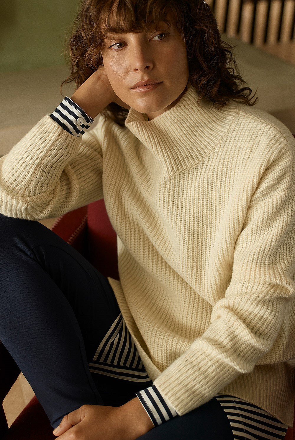 Merino Cashmere Rib Mock Neck Knit