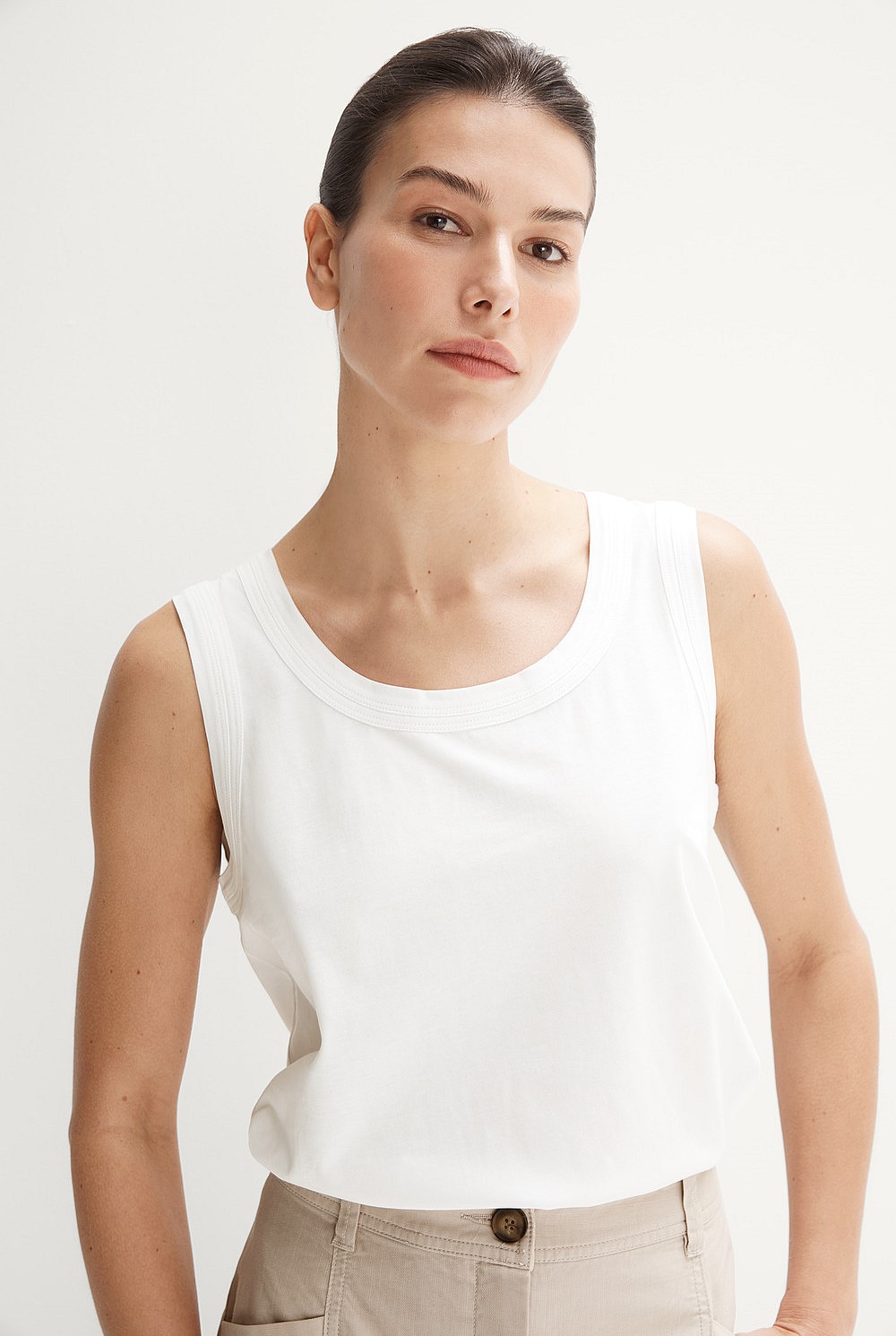 White Pima Cotton Double Bind Tank - WOMEN T-Shirts & Tops | Trenery