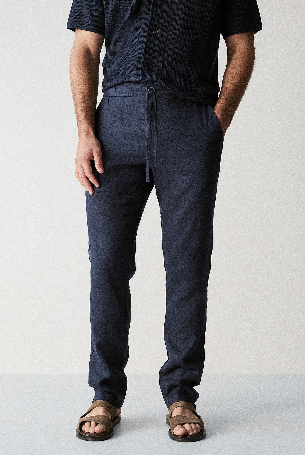 View of Navy Linen Drawstring Pant - MEN Pants | Trenery