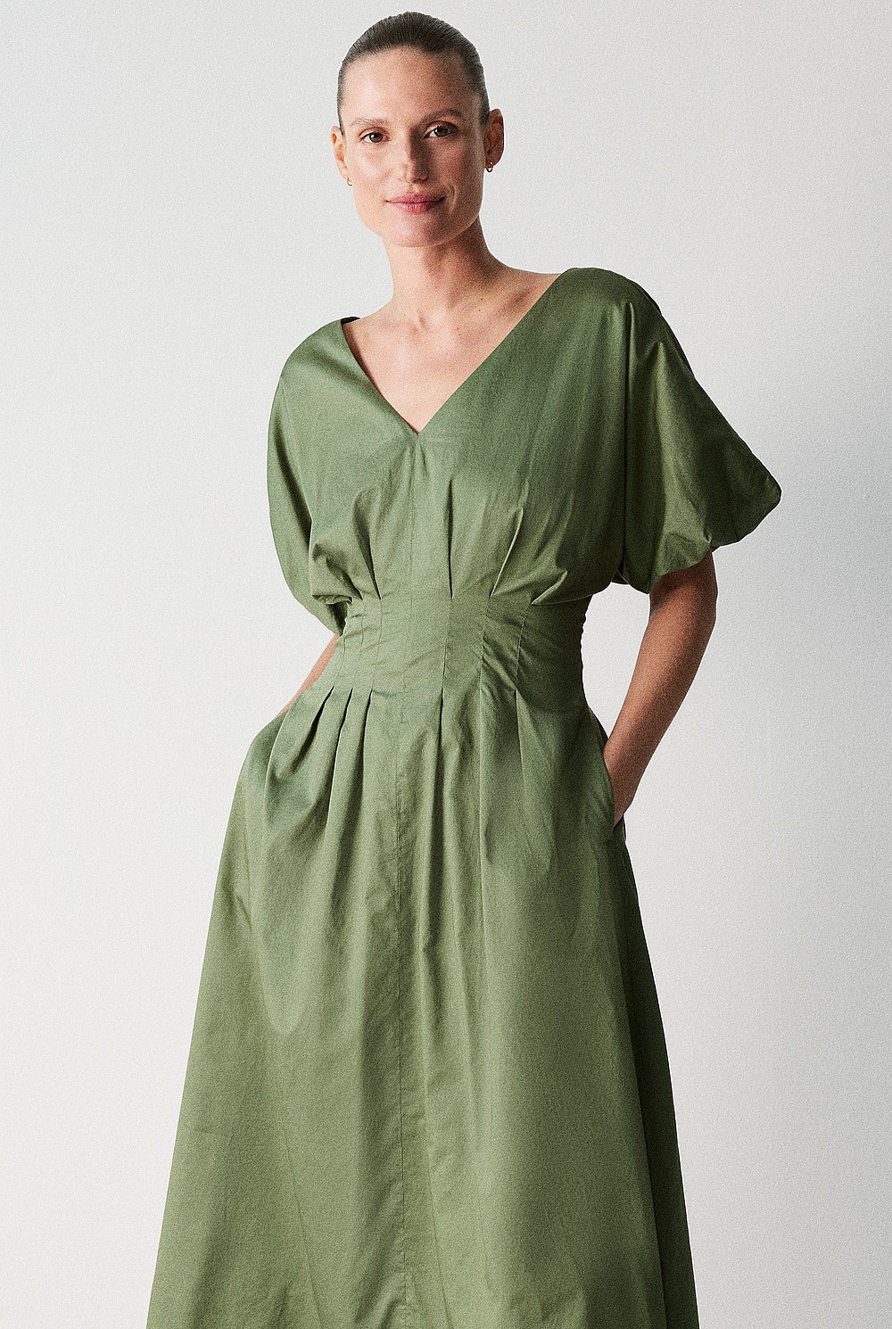 Cotton Sateen Pleat Waist Dress