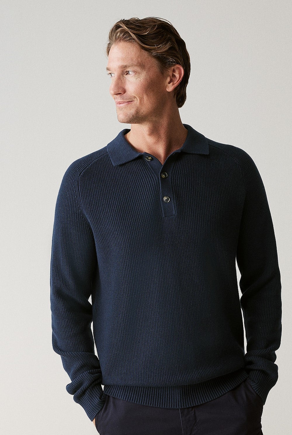 Cotton Rib Knit Long Sleeve Polo