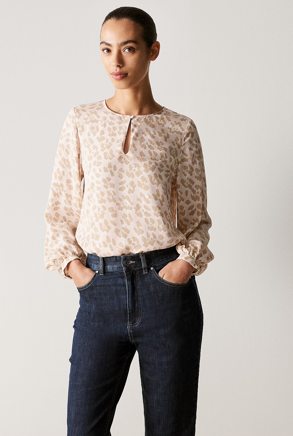 Modal Ocelot Print Blouson Sleeve Blouse