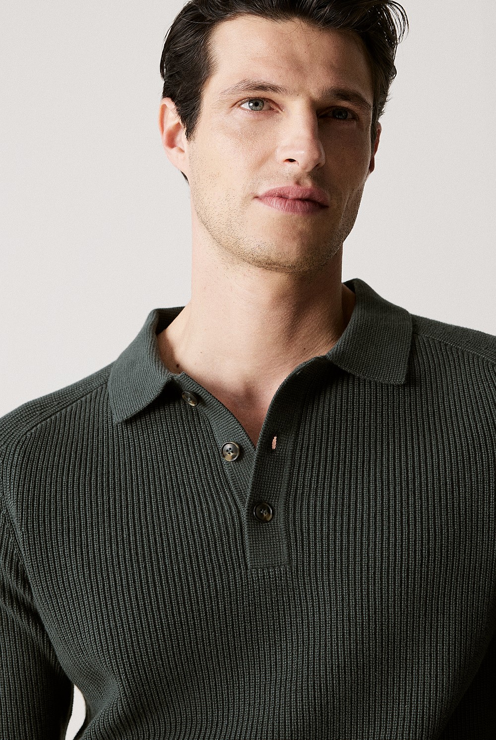 Cotton Rib Knit Long Sleeve Polo