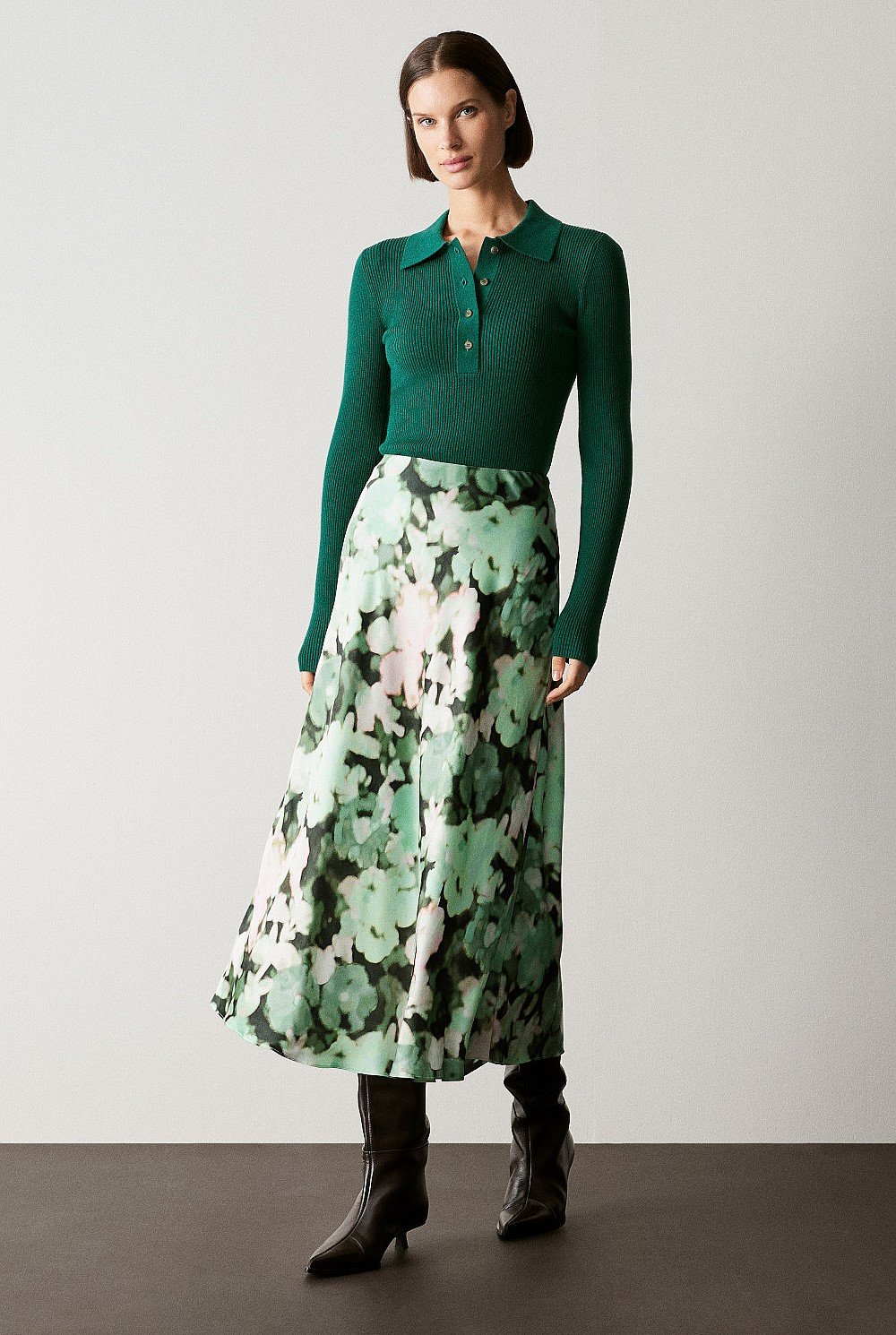 Satin Blurred Floral Bias Skirt