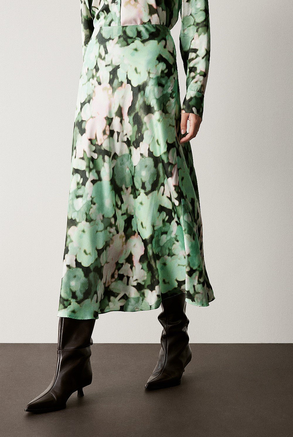Satin Blurred Floral Bias Skirt