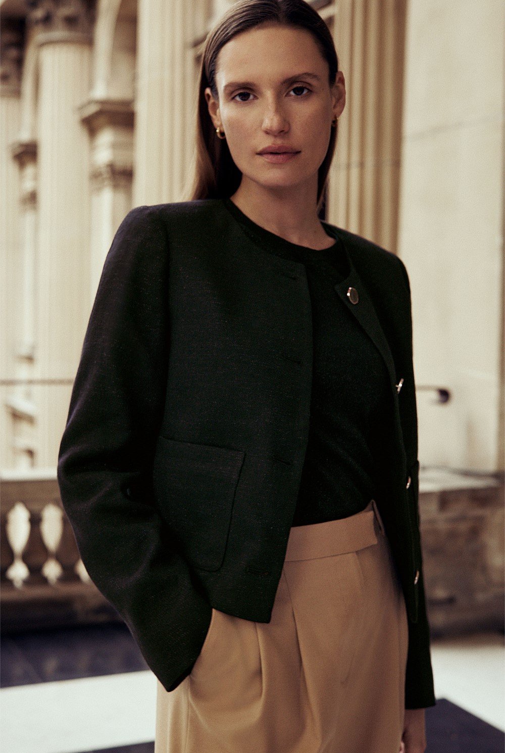 Linen Blend Metallic Cropped Jacket