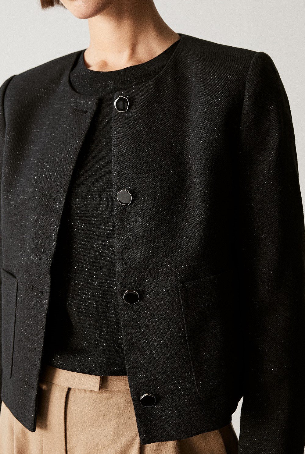 Linen Blend Metallic Cropped Jacket