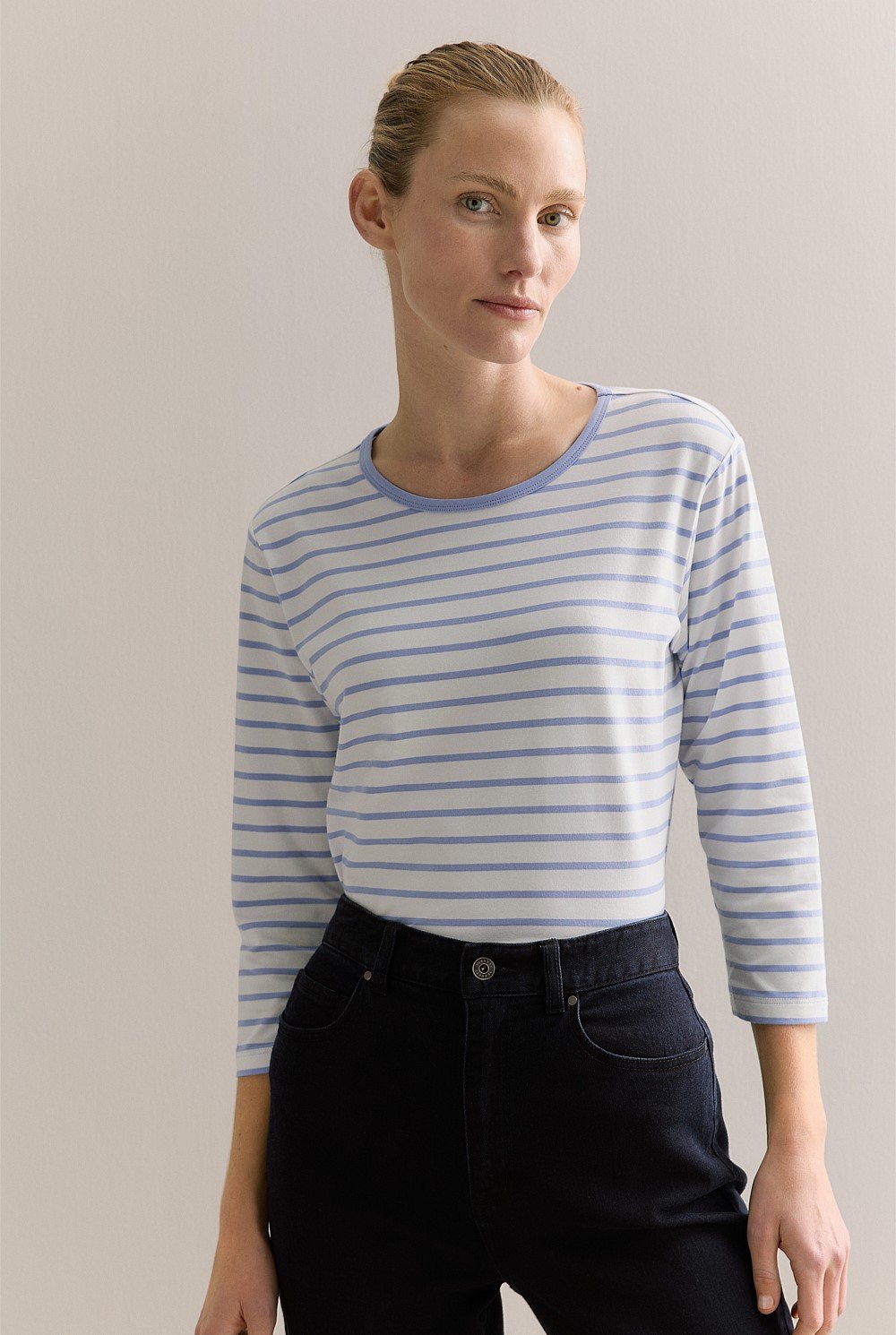 Organically Grown Cotton Stripe 3/4 Sleeve T-shirt