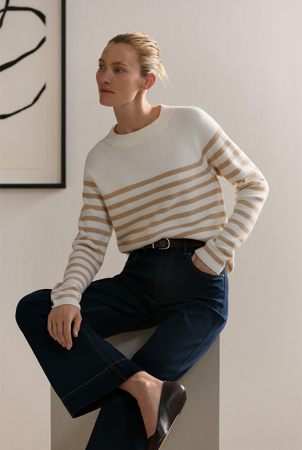 Cotton Cashmere Blend Striped Knit Crew