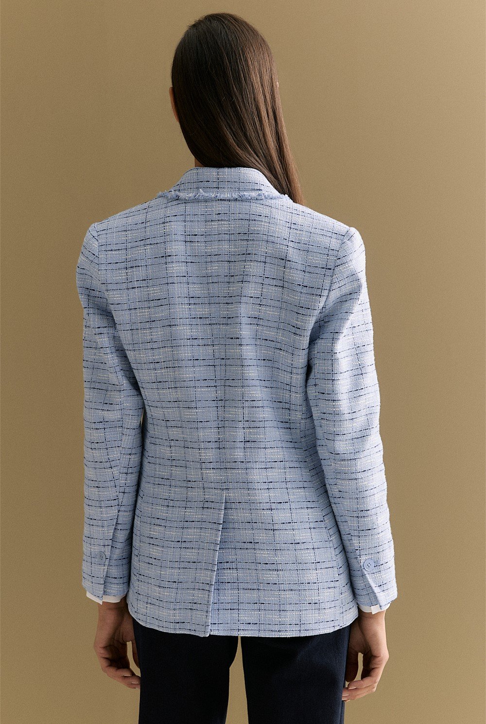 Cotton Blend Check Tweed Fray Double Breasted Blazer